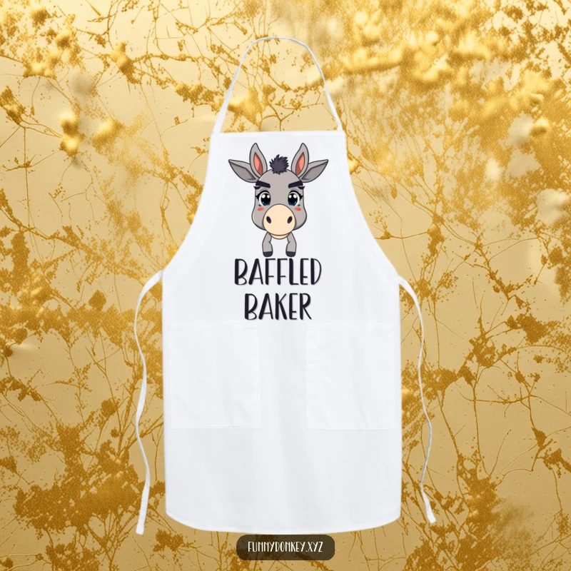 Funny apron showing a donkey with comically large, raised eyebrows, looking playfully bewildered while perhaps attempting to cook.
