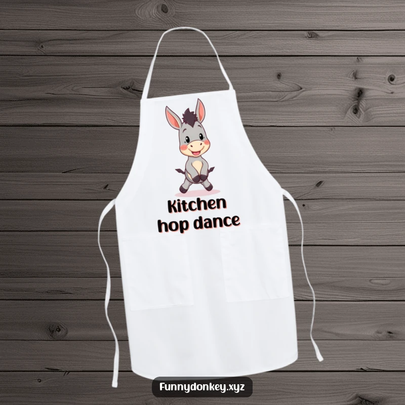 Funny Kawaii Donkey Apron showing a cute donkey character doing a silly little hop, perfect for humorous and happy kitchen wear.