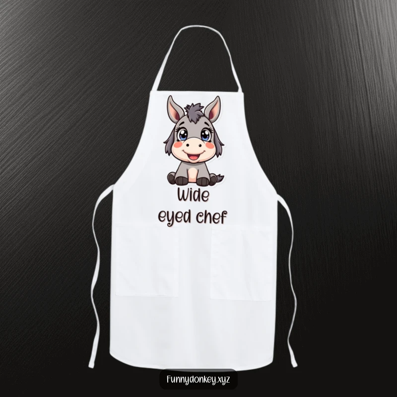 Funny Kawaii Donkey Apron showing a cute donkey character with bright, wide eyes looking up happily, perfect for humorous and cheerful kitchen wear.