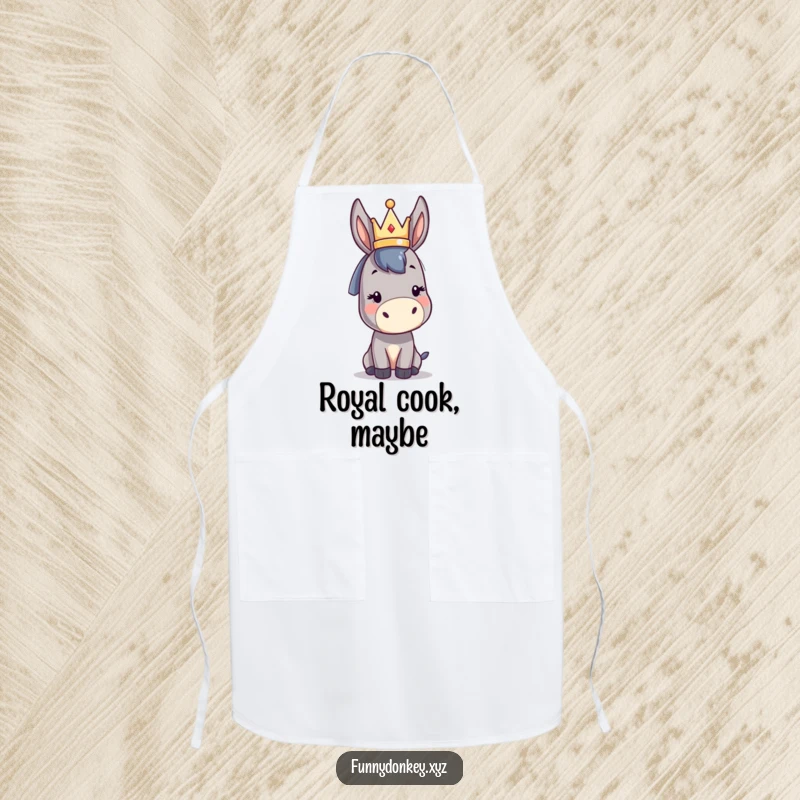 Funny kawaii donkey apron showing a cute donkey character wearing a small abstract crown, ready to bring regal humor to cooking.