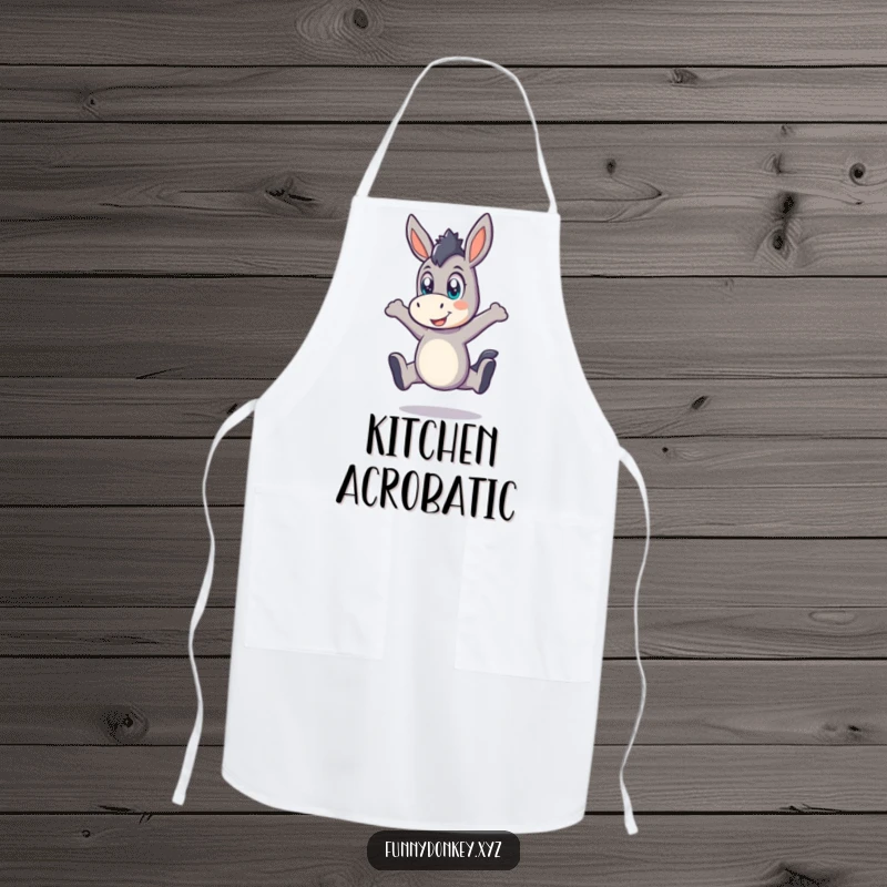 Funny Kawaii Donkey Apron, a donkey in a playful leap with wide eyes, adding energetic humor to cooking.