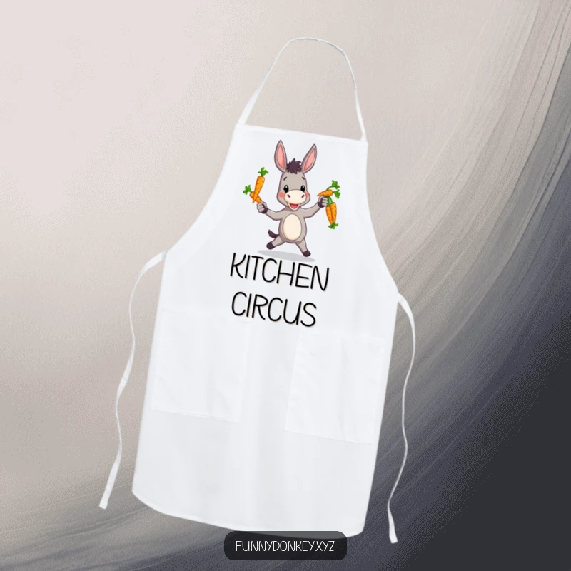 Funny apron showing a donkey with a clumsy charm, attempting to juggle a pile of colorful carrots.
