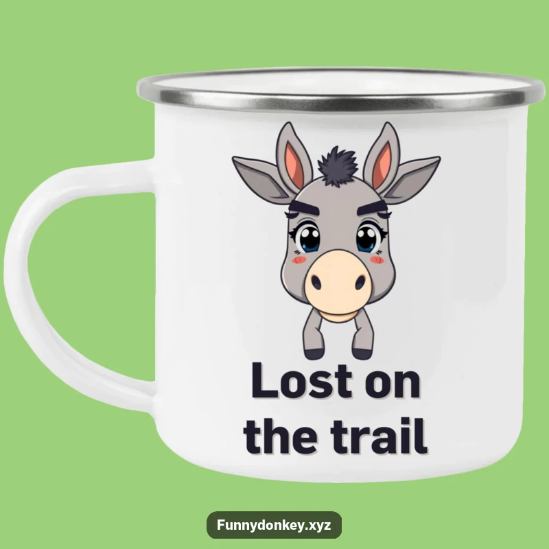 Funny Bewildered Donkey Camping Mug: Enamel, Exaggerated Eyebrows, Outdoor Humor