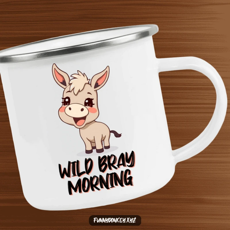 Funny Kawaii Donkey Camping Mug, a donkey braying with a mischievous grin, perfect for outdoor humor.