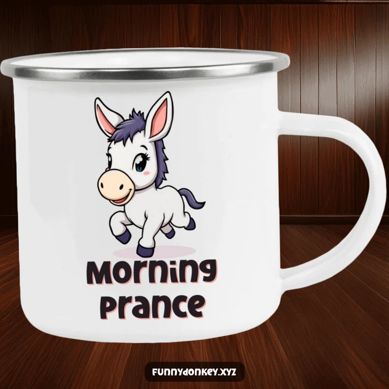 Funny Kawaii Donkey Camping Mug featuring a cute donkey with large floppy ears, prancing with delight, for outdoor fun.