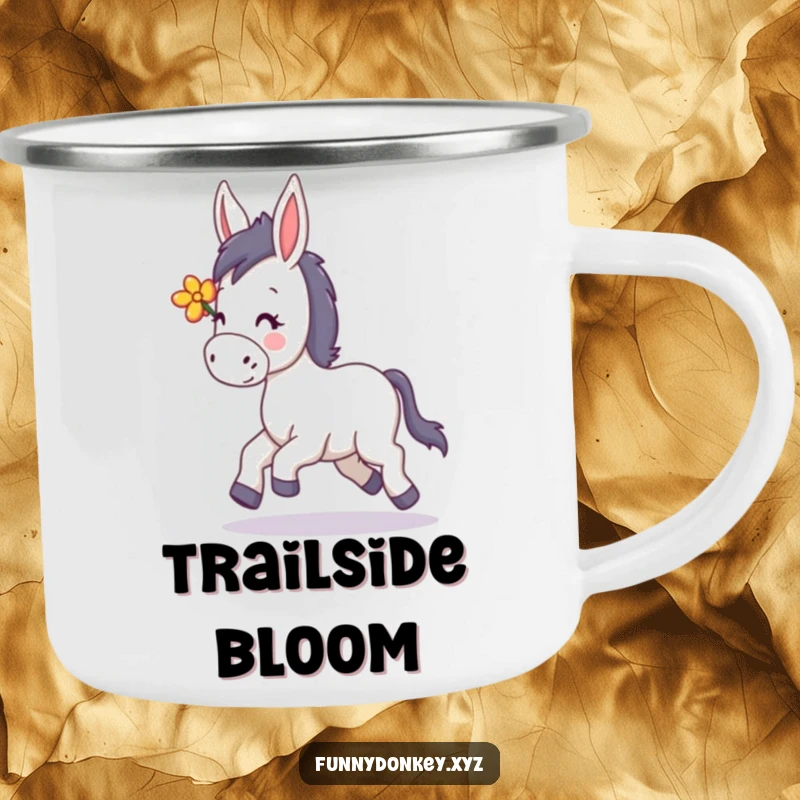 Funny Kawaii Donkey Camping Mug, a donkey happily trotting with a flower in its mane, for cheerful adventures.