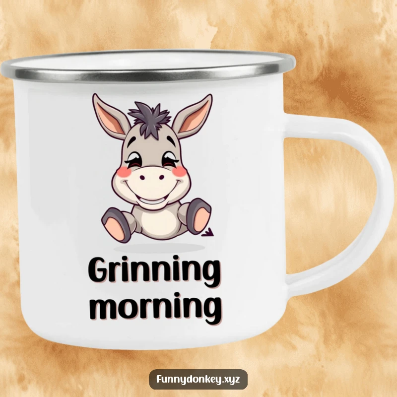 Funny Donkey Camping Mug featuring a silly donkey with a wide grin, tapping its hooves, for outdoor fun.