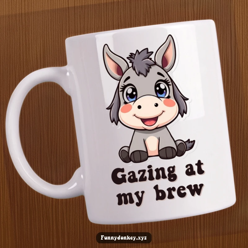 Funny Kawaii Donkey Mug featuring a cute donkey character with bright, wide eyes looking up happily, radiating innocent joy and wonder.
