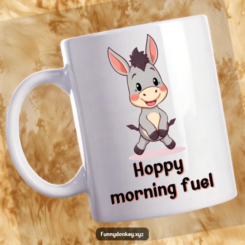 Funny Kawaii Donkey Mug featuring a cute donkey character doing a silly little hop with pure, unbridled excitement and happiness.
