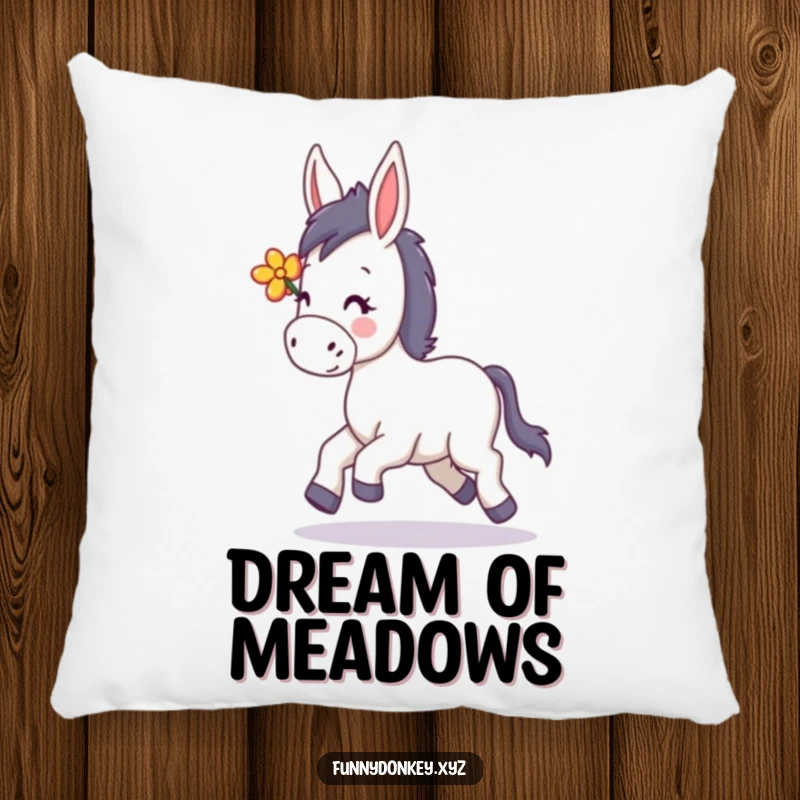 Funny Kawaii Donkey Pillow, a donkey happily trotting with a flower in its mane, soft and full of joy.
