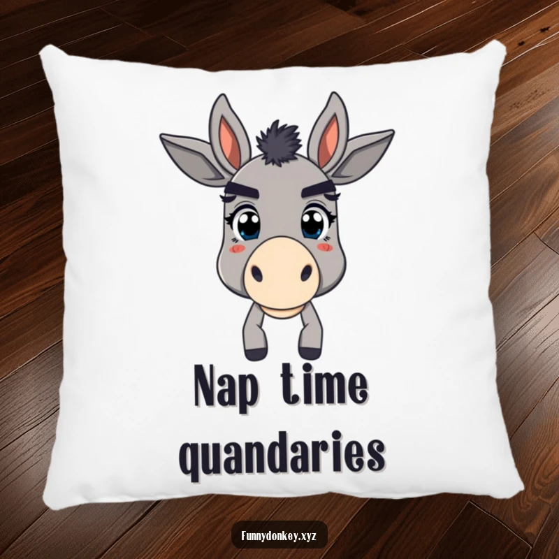 Funny decorative pillow featuring a donkey with oversized, comically expressive eyebrows, looking playfully bewildered and utterly charming.