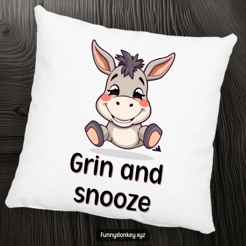 Funny Donkey Pillow with a silly donkey with a wide grin, tapping its hooves, soft and cheerful.