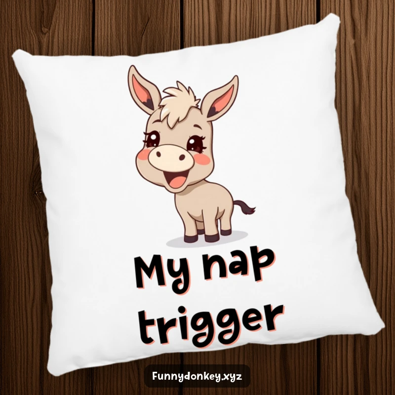 Funny Kawaii Donkey Pillow, featuring a donkey cheerfully braying with a mischievous grin, perfect for a cozy laugh.