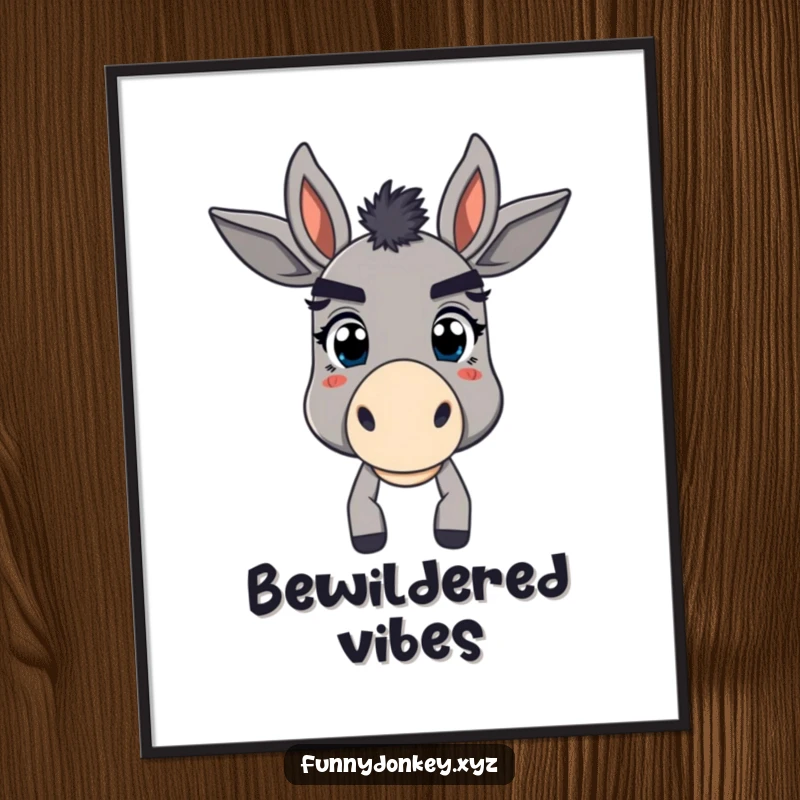 Funny digital art print of a donkey with exaggerated, comical eyebrows, captured in a moment of playful bewilderment.