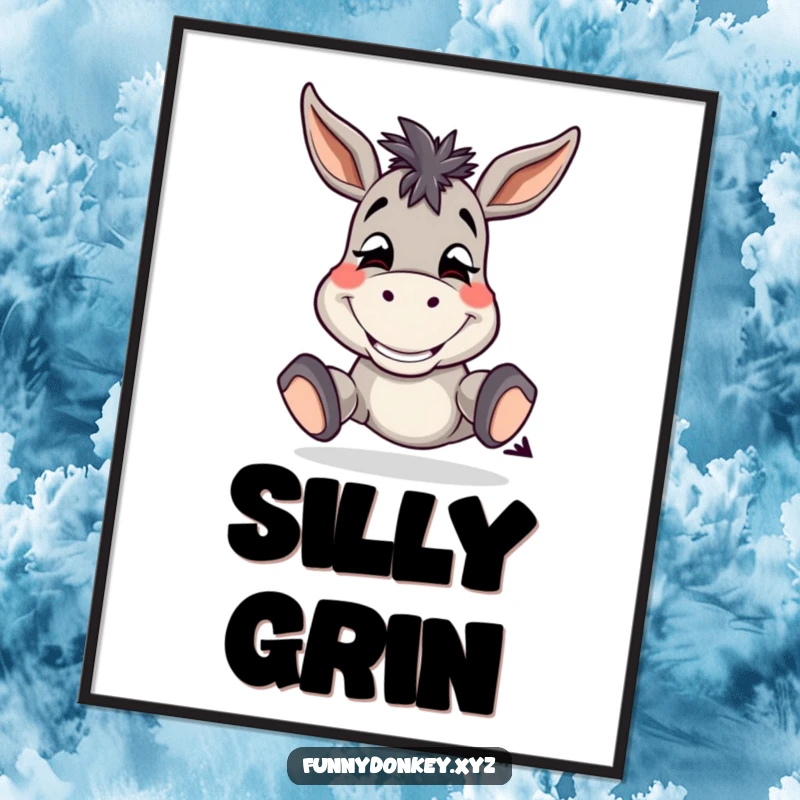 Funny Donkey Digital Art Print showing a silly donkey with a wide grin, tapping its hooves, humorous decor.
