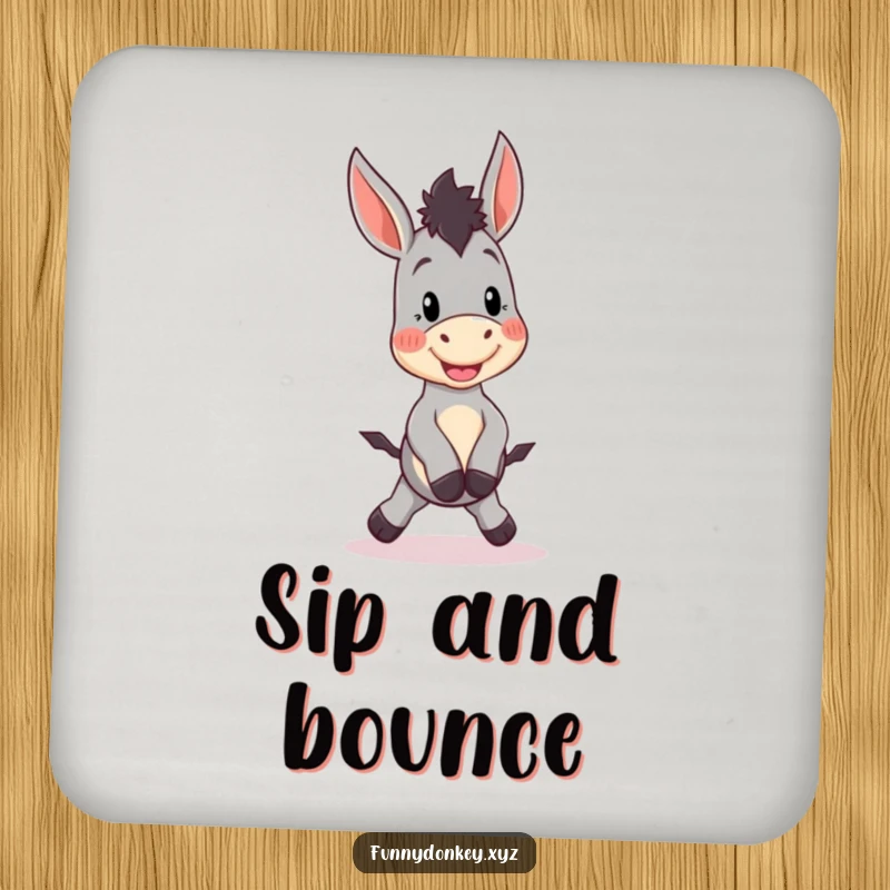 Funny Kawaii Donkey Coaster featuring a cute donkey character doing a silly little hop, perfect for humorous surface protection.