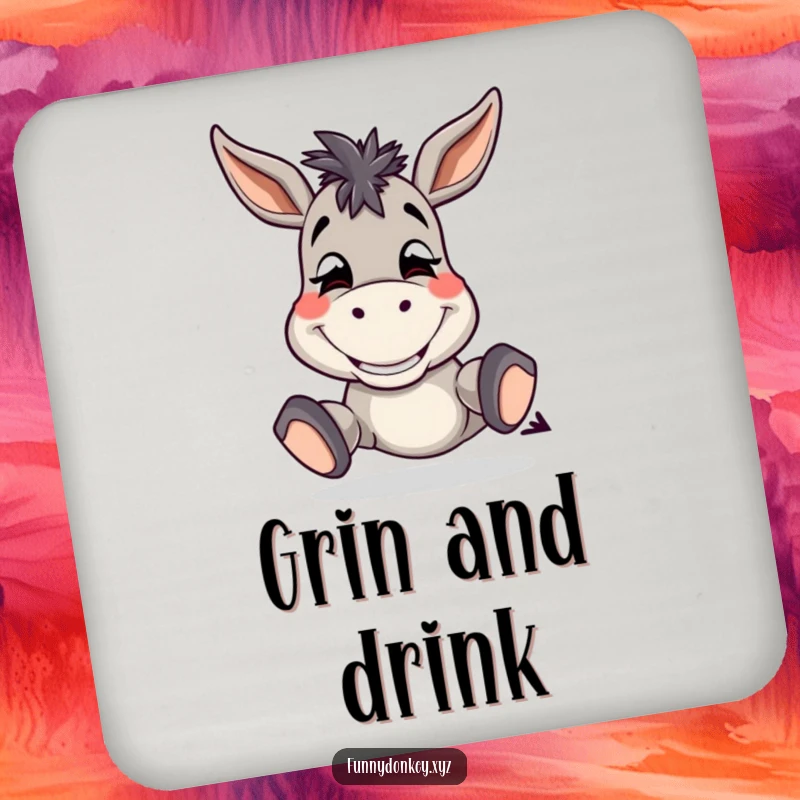 Funny Donkey Coaster with a silly donkey with a wide grin, tapping its hooves, protecting surfaces.
