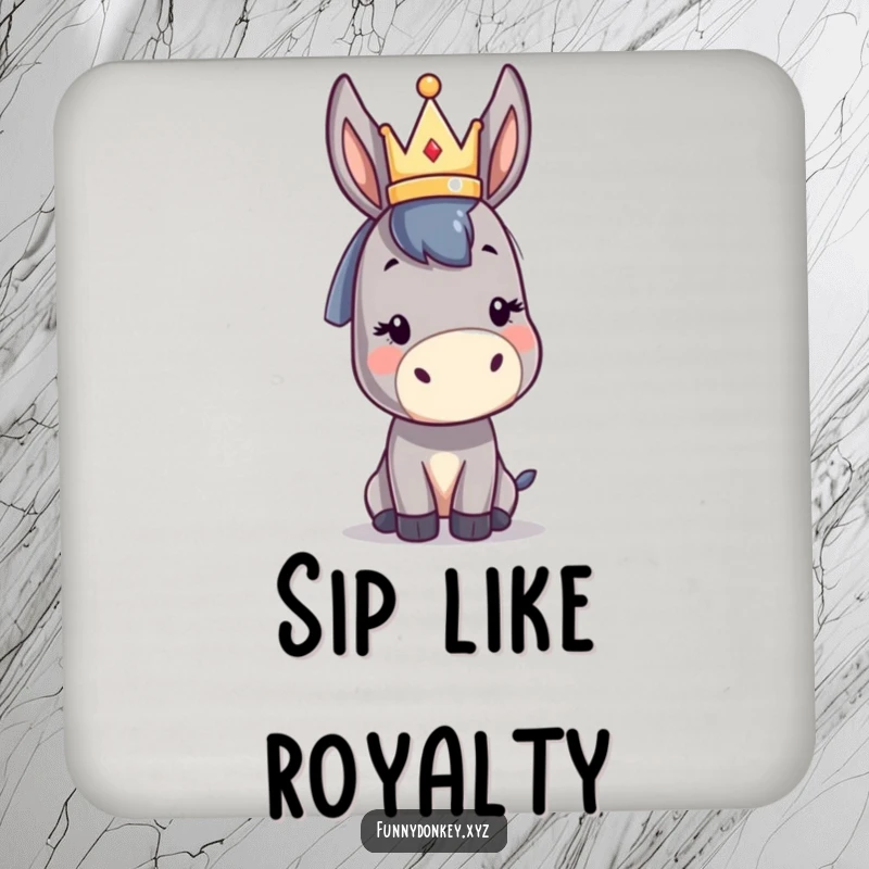 Funny kawaii donkey coaster featuring a cute donkey character balancing a small abstract crown, protecting tables with royal humor.