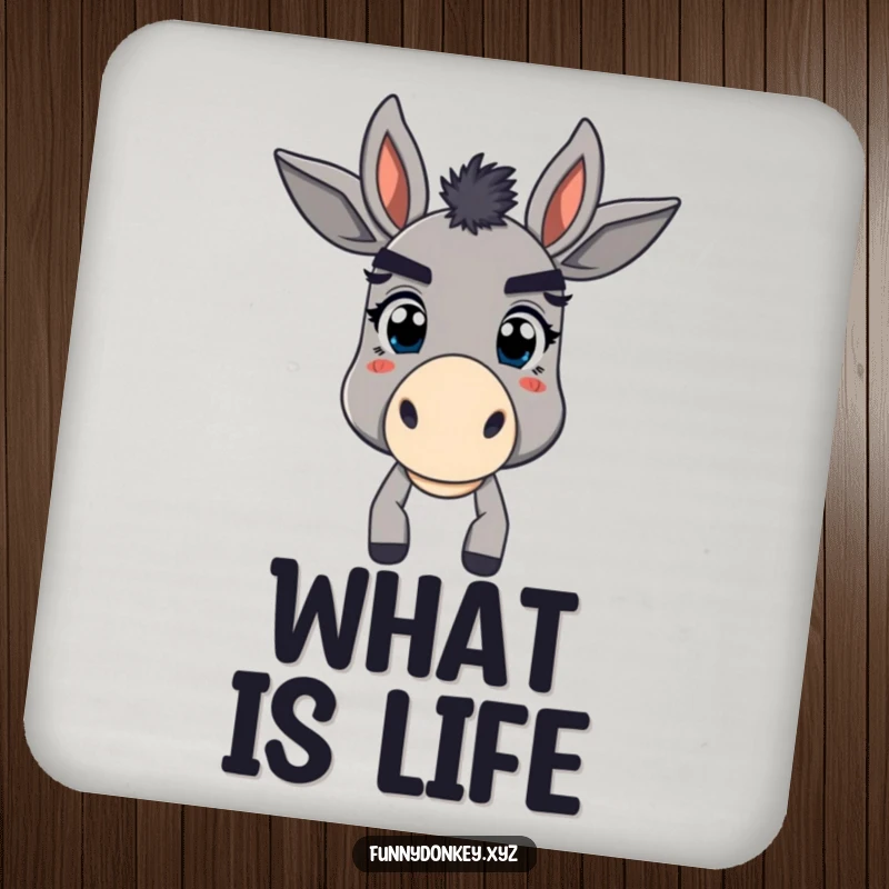 Funny drink coaster depicting a donkey with comically large, expressive eyebrows, looking playfully bewildered.