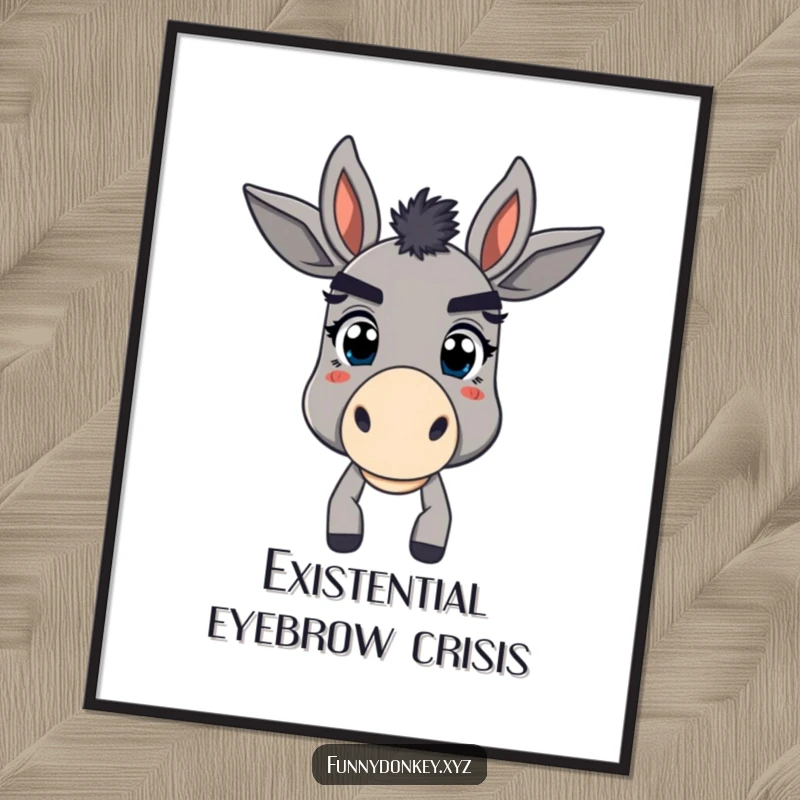 Funny poster of a donkey with comically large, raised eyebrows, conveying an expression of playful bewilderment and surprise.