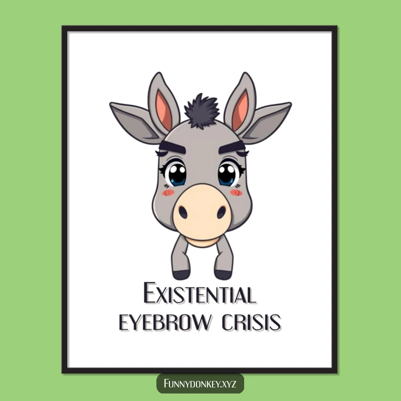 Funny Bewildered Donkey Poster: Exaggerated Eyebrows, Wall Art for Humorous Spaces