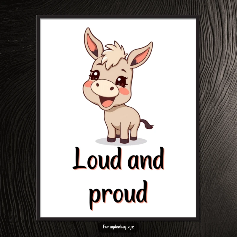 Funny Kawaii Donkey Poster, a donkey braying with a mischievous grin, adding humor and charm to wall decor.
