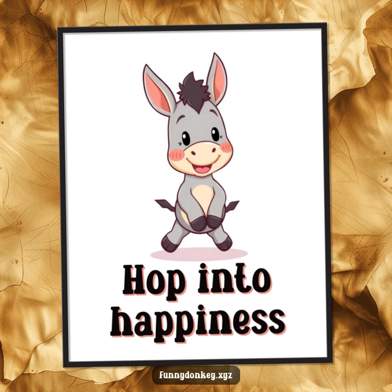 Funny Kawaii Donkey Poster featuring a cute donkey character doing a silly little hop, bringing cheerful and humorous energy to decor.