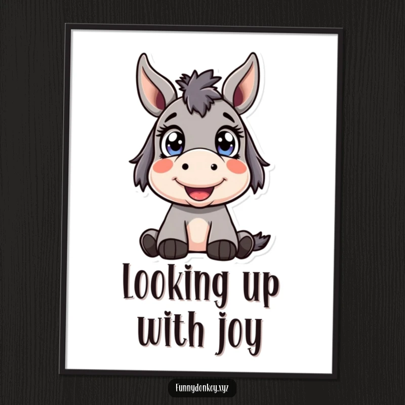 Funny Kawaii Donkey Poster featuring a cute donkey character with bright, wide eyes looking up happily, bringing innocent joy and humor to decor.