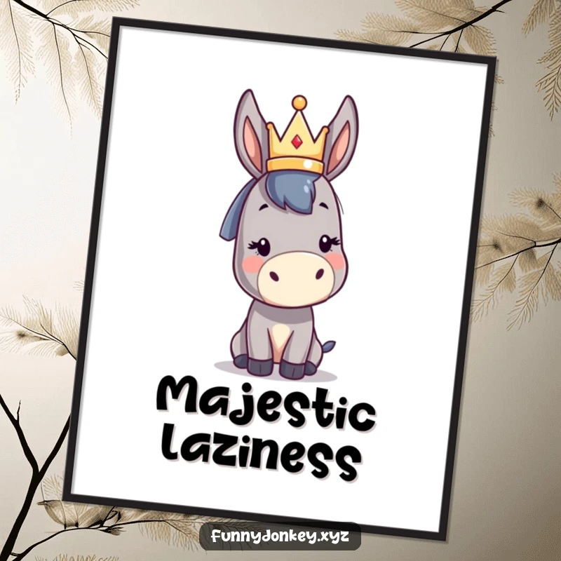 Funny kawaii donkey poster showcasing a cute donkey character wearing a small abstract crown, bringing regal humor and charm to any room.