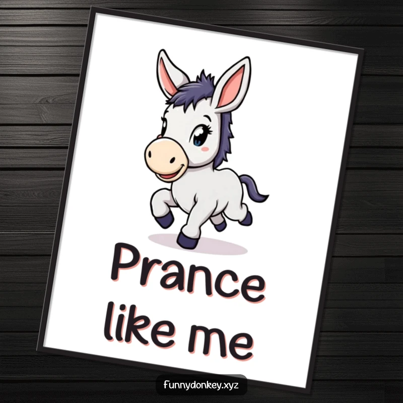 Funny Kawaii Donkey Poster showing a cute donkey with large floppy ears, prancing with delight, cheerful wall art.