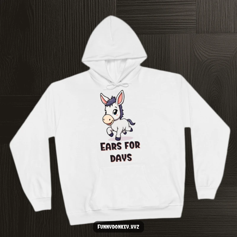 Funny Kawaii Donkey Hoodie featuring a cute donkey with large floppy ears, prancing with delight, cozy and cheerful.