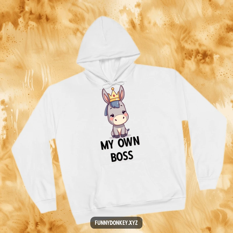 Funny kawaii donkey hoodie featuring a cute donkey character balancing a small abstract crown, designed for ultimate cozy comedic royalty.