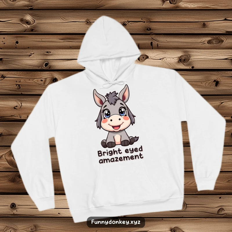 Funny Kawaii Donkey Hoodie featuring a cute donkey character with bright, wide eyes looking up happily, embodying cozy wonder and joy.