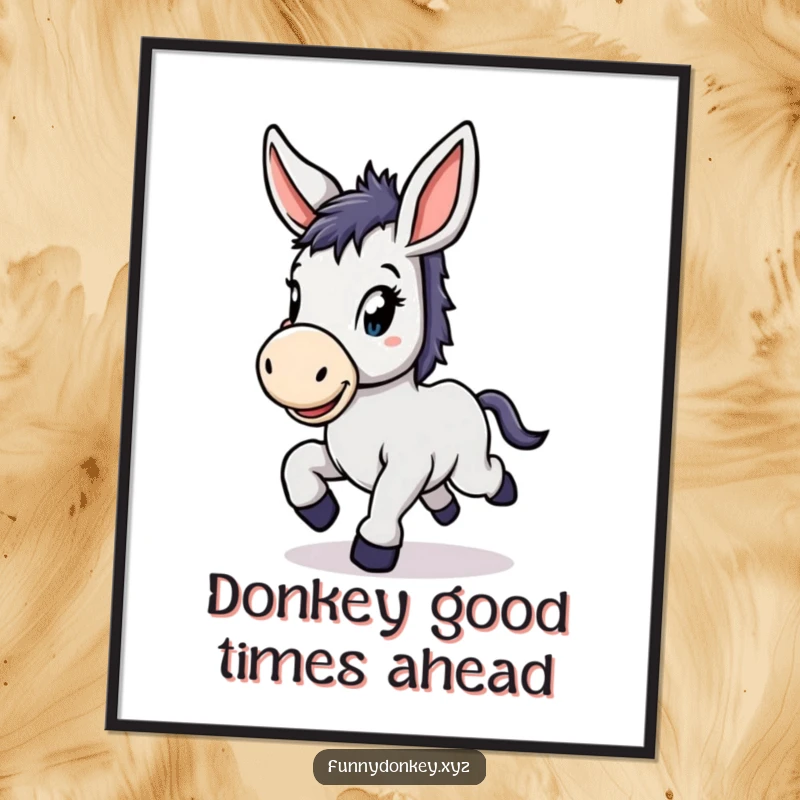 Funny Free Printable Wall Art: A kawaii donkey with large floppy ears, prancing with pure delight.