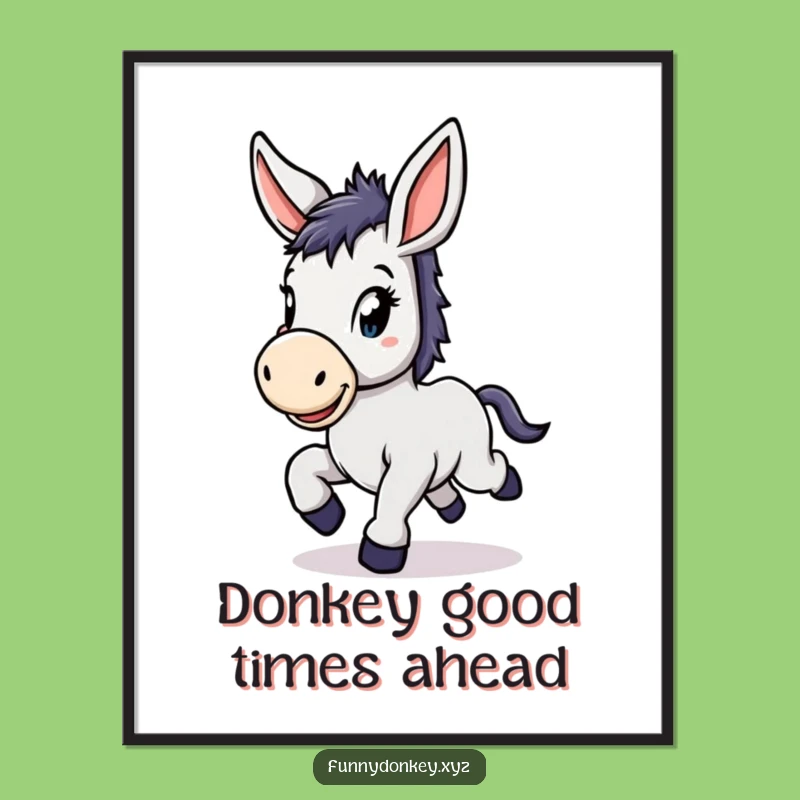 Free Printable Wall Art: Adorable Kawaii Donkey Prancing with Joyful Ears