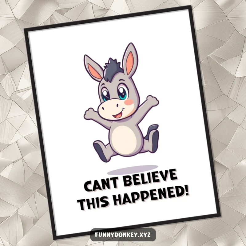 Funny free printable wall art of a kawaii donkey performing a playful leap with wide, excited eyes. Full of life!