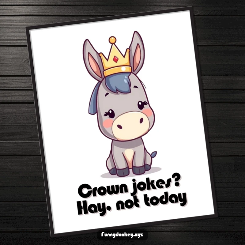Funny Free Printable Wall Art: A cute kawaii donkey humorously balances a tiny crown, bringing regal laughs to your decor. Downloadable art.