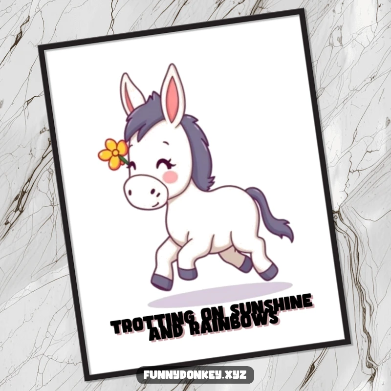 Funny free printable wall art of a kawaii donkey happily trotting with a flower in its mane, adding cheerful vibes.