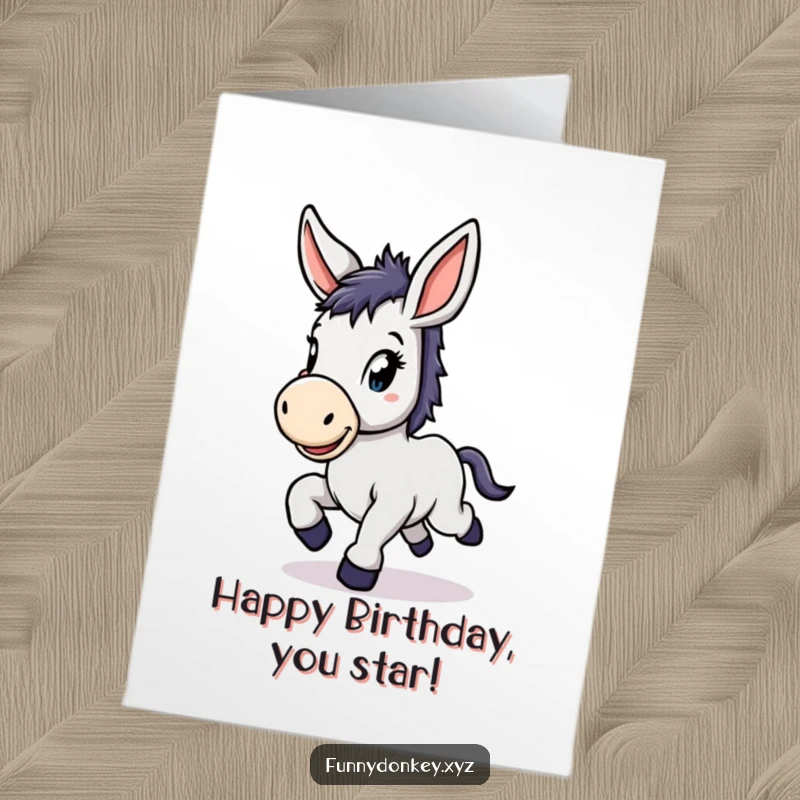 Funny Free Printable Birthday Card: Kawaii donkey with big floppy ears, prancing joyfully.