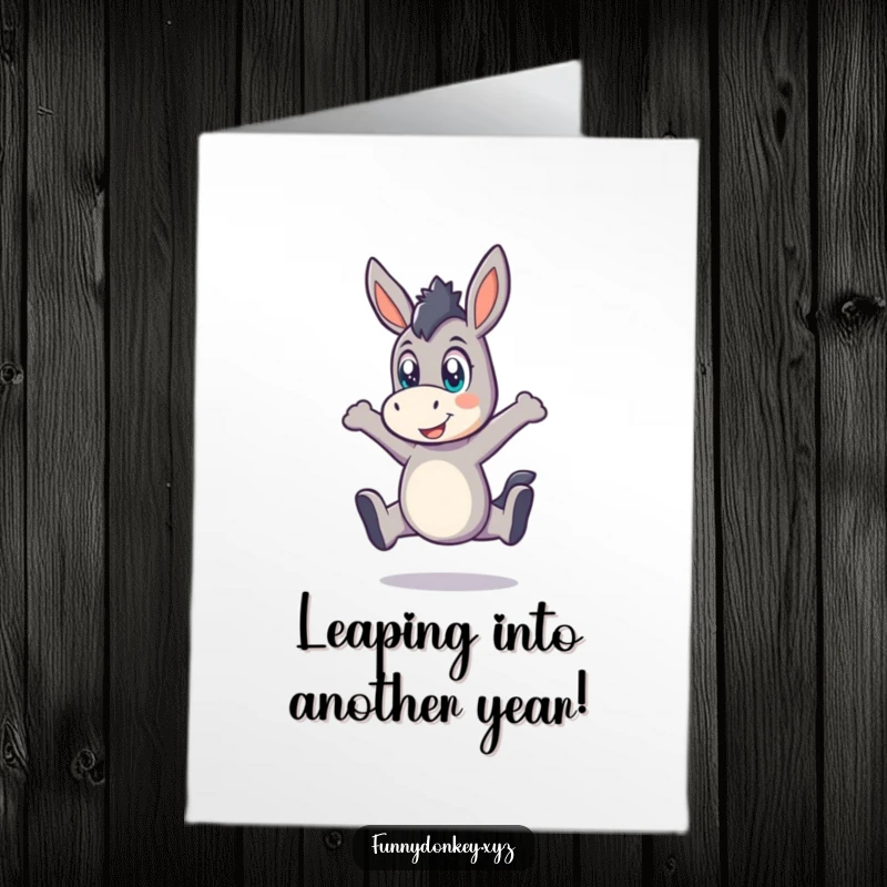 Funny free printable birthday card showing a kawaii donkey mid-playful leap with wide, excited eyes. Full of energy!