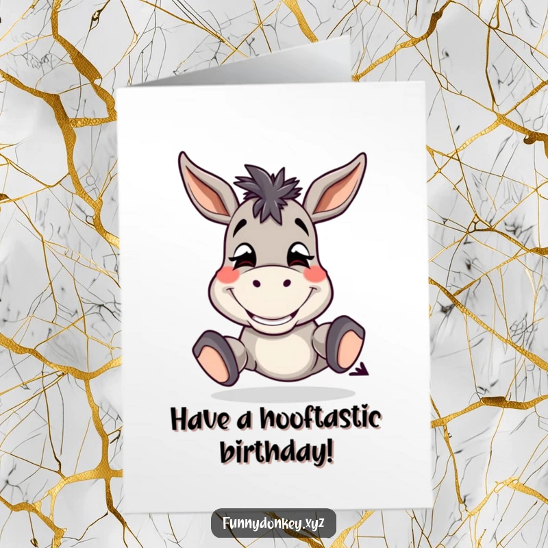 Funny Free Printable Birthday Card: Donkey with a wide, silly grin tapping its hooves.