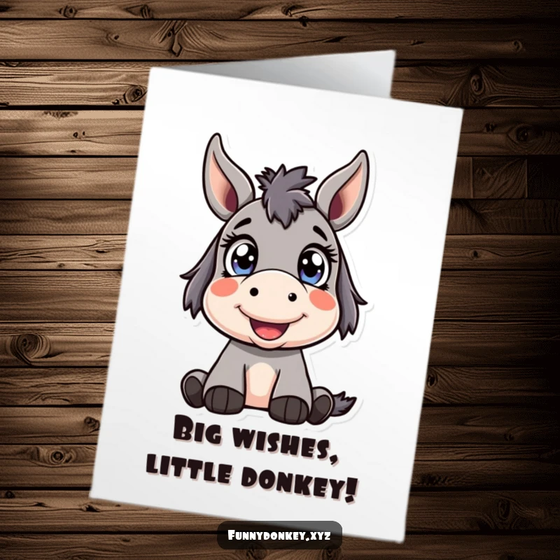 Funny Free Printable Birthday Card: A Kawaii donkey character with big, bright eyes looks up happily, anticipating birthday fun.