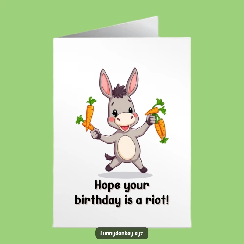 Free Printable Birthday Card: Clumsy Donkey Juggling Carrots, Funny Downloadable Gift