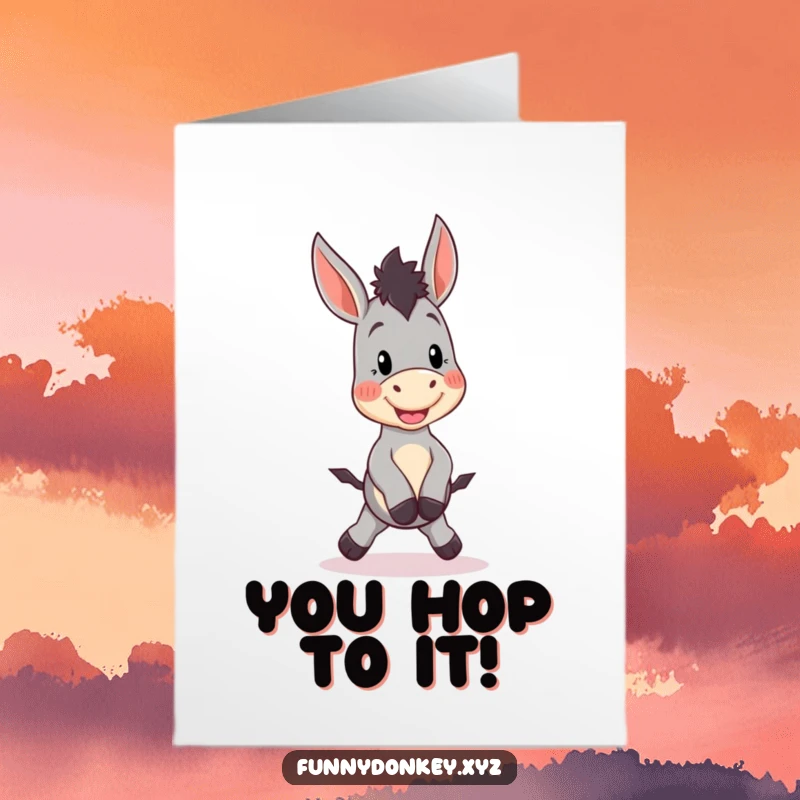 Free Printable Congratulations Card: A happy Kawaii donkey character does a silly little hop, full of excitement for good news.