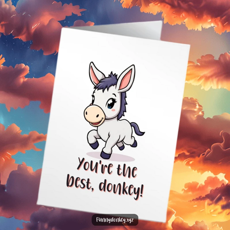 Funny Free Printable Congrats Card: Kawaii donkey prancing happily, ears flopping with joy.
