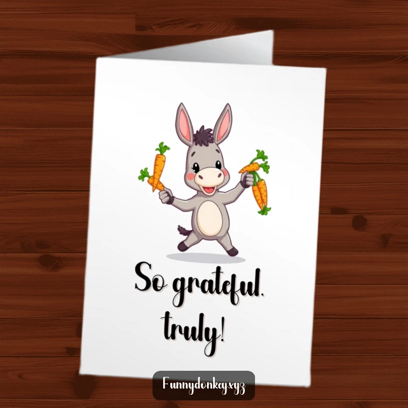 Funny Free Printable Thank You Card: Donkey juggling a bundle of carrots with a look of concentrated silliness