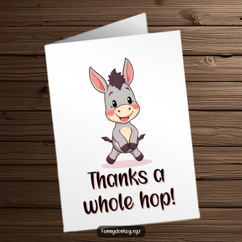 Funny Free Printable Thank You Card: A Kawaii donkey character hops excitedly, conveying thanks with pure joy.