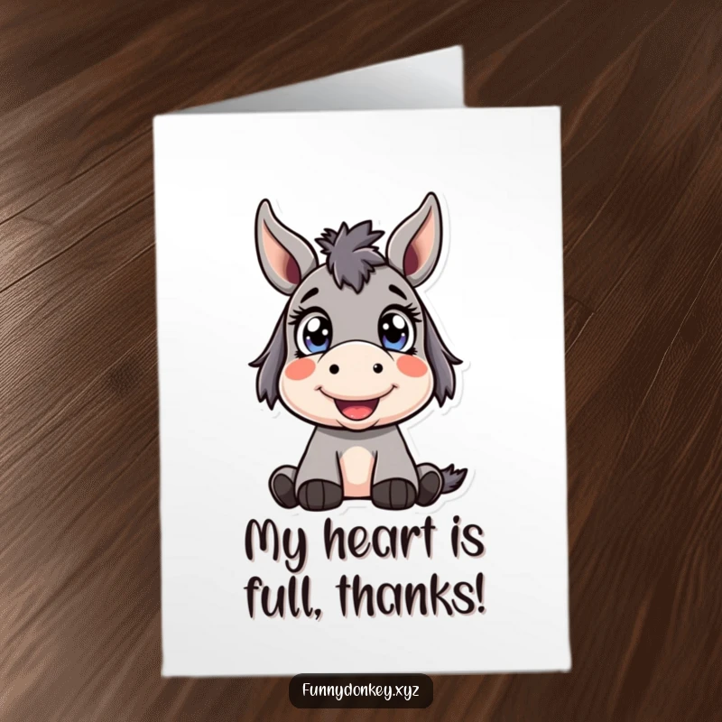 Funny Free Printable Thank You Card: A Kawaii donkey with wide, happy eyes looks up, expressing sincere gratitude.