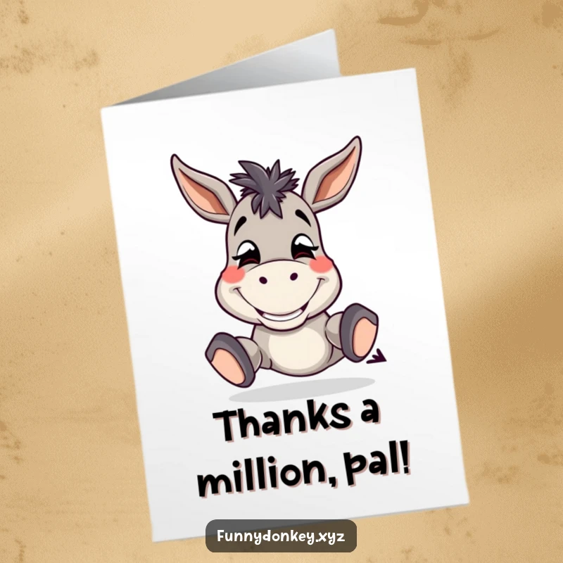 Funny Free Printable Thank You Card: Donkey with a wide, silly grin tapping hooves.