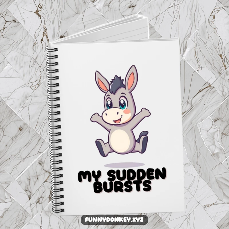 Funny Kawaii Donkey Notebook, a donkey captured mid-playful leap with wide eyes, ideal for jotting energetic notes.